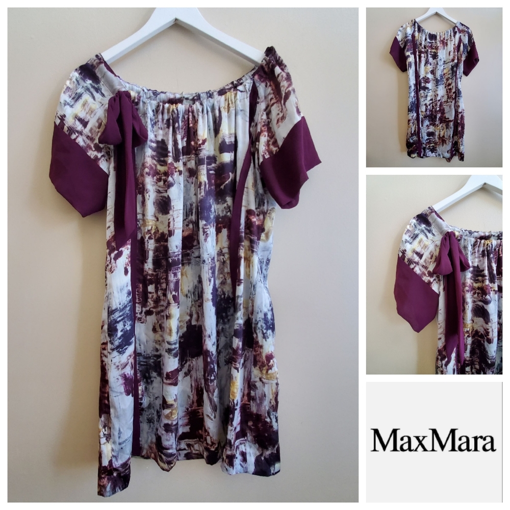 MaxMara 100% Silk Dress with Tie bow front with wine color contrast,